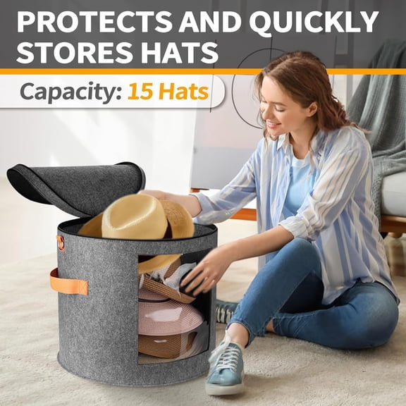 RIHJIN-Oversized Hat Storage Box for Women & Men19" D x 17" H Cowboy Hat Boxes with 1 Wood Hook Felt travel Round Hat Organizer Box with Dustproof Lid (Gray)