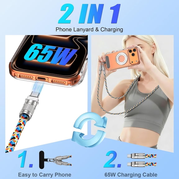 RIHJIN-Phone Lanyard Crossbody USB C Fast Charging Cable for iPhone 17e/17 Pro Max/Air/17 Pro/16e/16 Pro Max/Plus/15, 65W USB C to USB C Cable Anti Theft Phone Strap Neck Lanyard for Samsung S26 A17