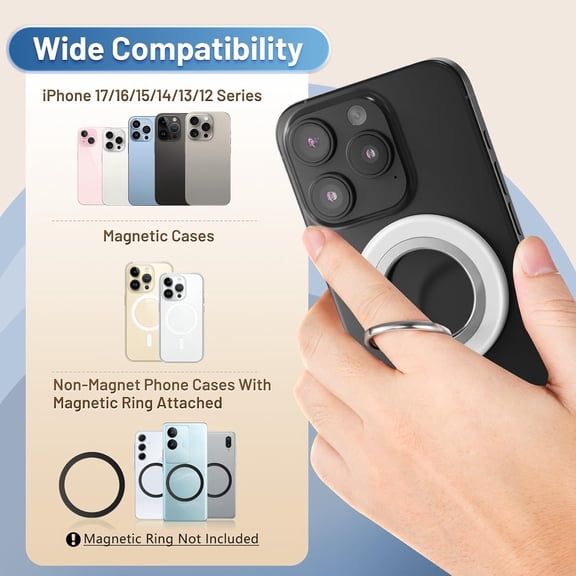 RIHJIN-Phone Ring Holder, Dual Sided Magnetic Phone Grip Magnet Cell Phone Finger Holder for Hand Removable Slim Handle Grip Kickstand Compatible for MagSafe iPhone 17/16/15/14/13/12 Series, White