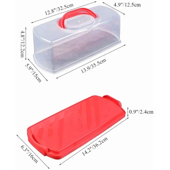 RIHJIN-Portable Bread Box with Handle Loaf Cake Container Plastic Rectangular Food Storage Keeper Carrier 13inch Translucent Dome for Pastries, Bagels, Bread Rolls, Buns or Baguettes (Red)