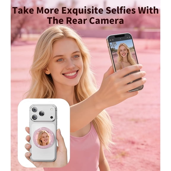 RIHJIN-Portable Double-Sided Magnetic Phone Holder with Mirror, for Magnetic Phone GripFoldable and AdjustableFit for iPhone 17/16/15/14 Pro Max Air, Android Smartphone Accessories Pink