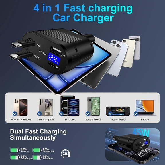 RIHJIN-Retractable Car Charger for iPhone 17e 17 Pro Max Air 16e 16 Pro Max 16 Plus 15 Samsung Galaxy S26 Ultra S26+ S26 S25 S24FE,45W 4 in 1 Fast Car Phone Charger Adapter Dual 2.6FT Retractable USB