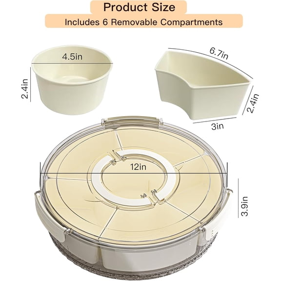RIHJIN-Rotating Divided Serving Tray with Lid and Handle,6 Compartments Snackle Box Container,12" Large Snack Spinner Lazy Susan,Fruit Veggie Tray Portable Round Snack Box Candy Fridge Organizer Plat