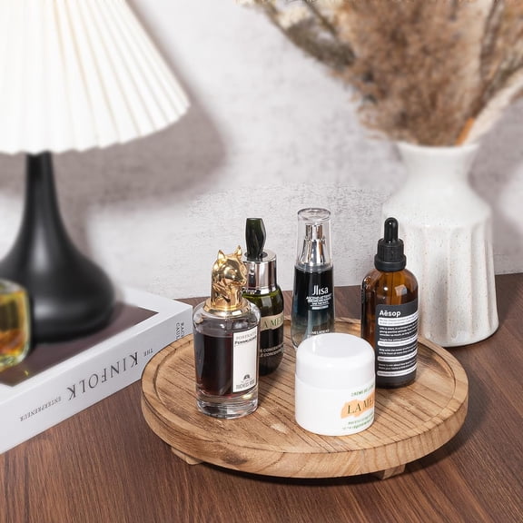RIHJIN-Round Decorative Tray Wood Bathroom Counter Organizer Farmhouse Kitchen Decor Wooden Riser for Soap Dish, Perfume, Candle, Sponge, 10" - Brown
