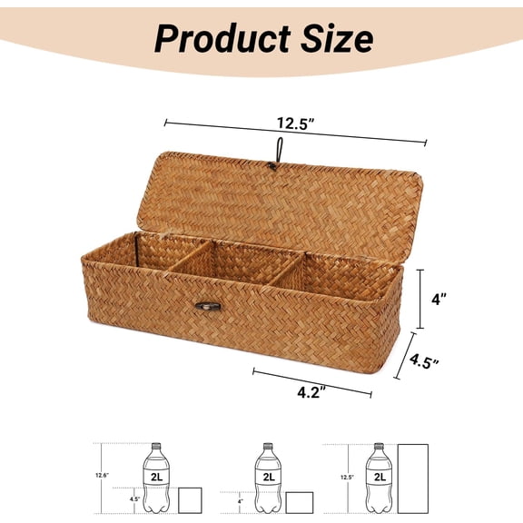 RIHJIN-Seagrass Storage Small Basket with Lid - 3-Section Divided Organizer for Tea,Sugar,Coffee,Tampons - Woven Shelf Bin for Closet, Toilet Tank - Rectangular Narrow Boho Basket Home Decor