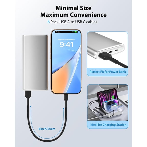 RIHJIN-Short USB C Cable,6 Pack 8 Inch USB A to USB C Cables,Short Type C Fast Charging Cables,Compatible with lPhone,Galaxy,lPad,Laptop,Charging Station and Power Bank Accessory(Black)