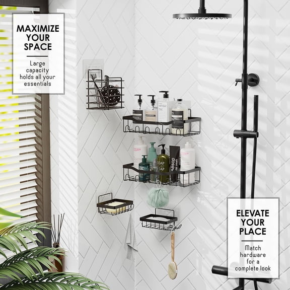 RIHJIN-Shower Organizer - Adhesive Shower Shelf Caddy, Rustproof Stainless Steel Rack for Bathroom Storage & Home Decor, Black