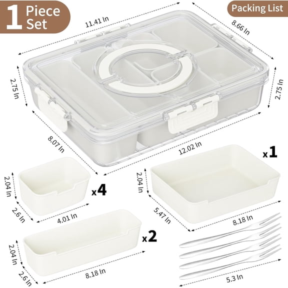 RIHJIN-Snackle Box Container,Divided Serving Tray with Lid and Handle,7 Portable Compartment Travel Snack Box for Candy Fruits Nuts Veggie for Road Trip Party Picnic (1 Pack-Dishwasher Safety)