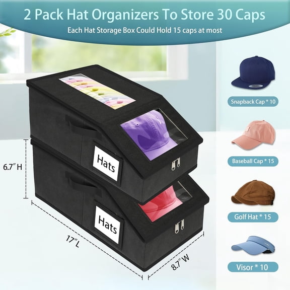 RIHJIN-Stackable Hat Storage for Baseball Caps, 2 PCS Hat Storage Boxes for Closet, Holds up to 30 Caps with Cardboard, Hat Organizer for Women & Men(Two Clear Window) (Black)