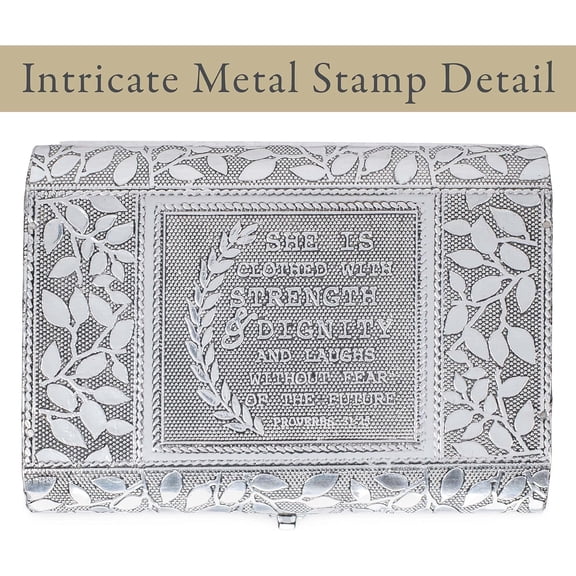 RIHJIN-Strength Silver Tone Metal Stamped Round Top Trunk Keepsake Box