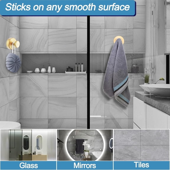 RIHJIN-Suction Cup Hooks for Glass Window, Mirror - Shower Hooks for Inside Shower, No Drill Towel Hooks for Bathrooms, Bath Robe Coat Looafh Hook for Hanging - Gold(2 Pack)
