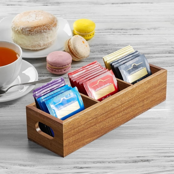 RIHJIN-Tea Bag Organizer, Acacia Tea Bag Holder, Tea Storage Containers with 3 Slots, Wooden Tea Storage Accessories, Mini Tea Bag Caddy Box for Countertop
