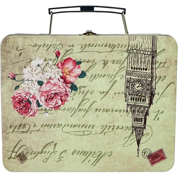 RIHJIN-Tin Storage Box with Handle Small Metal Fun Box Retro Sturdy Tin Box Decorative Keepsake Case with Lid (Tower)