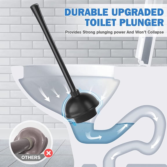 RIHJIN-Toilet Plunger and Brush with Holder, Bowl Brush and Heavy Duty Toilet Plunger Set for 5.7-inch Toilet Drain, 2-in-1 Bathroom Cleaning Combo with Modern Caddy Stand (Black)