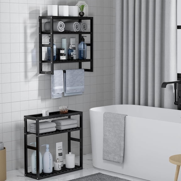 RIHJIN-Towel Rack Bathroom Storage Shelves Over The Toilet with Towel Bar 100% Bamboo Adjustable Height Floating Shelf Wall Shower Shelf for Small Space Bathroom Kitchen Multi Usage (Black-1Pack)