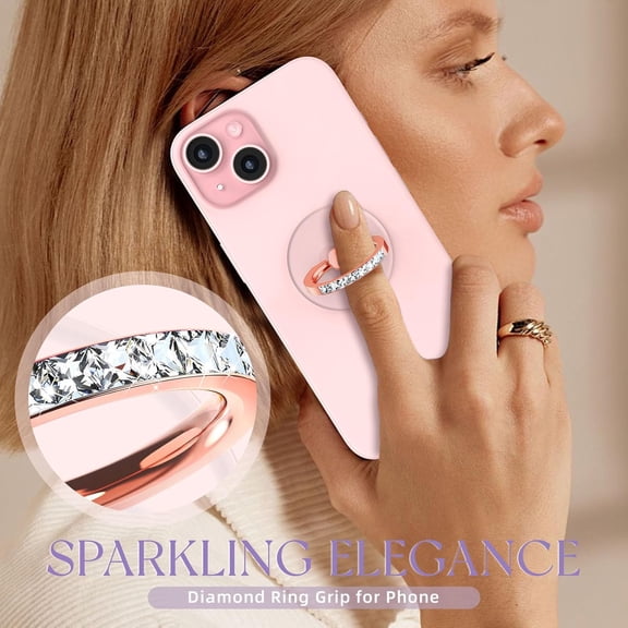 RIHJIN-Transparent Phone Ring Holder 2 Pcs, Clear Cell Phone Ring Holder with Diamond, Finger Grip 360Rotation Compatible with Most of The Phones, Tablet and Case (Rose Gold)