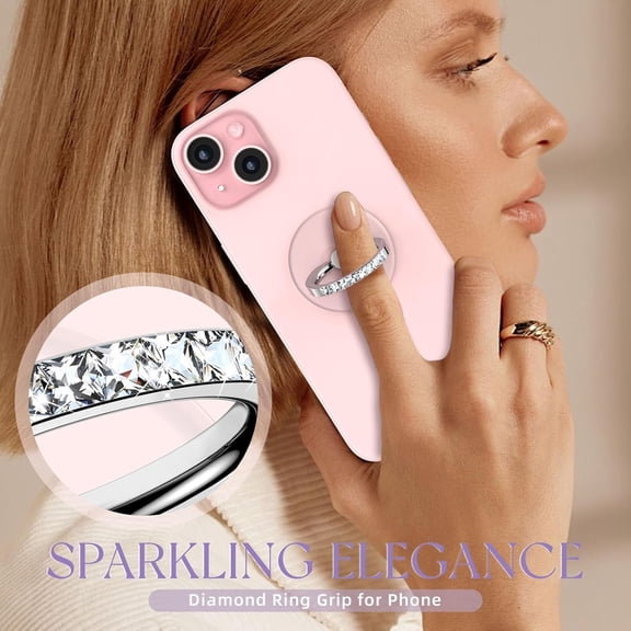 RIHJIN-Transparent Phone Ring Holder 2 Pcs, Clear Cell Phone Ring Holder with Diamond, Finger Grip 360Rotation Compatible with Most of The Phones, Tablet and Case (Silver)