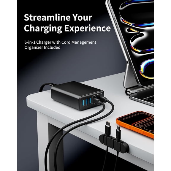 RIHJIN-USB C Fast Charger, 105W GaN 6-Port Desktop USB Charging Station Hub, USB C Charger Block Wall Charger for iPhone 17/16/15/14/13/12/11, iPad, Samsung and More (Cable Organizer Included)