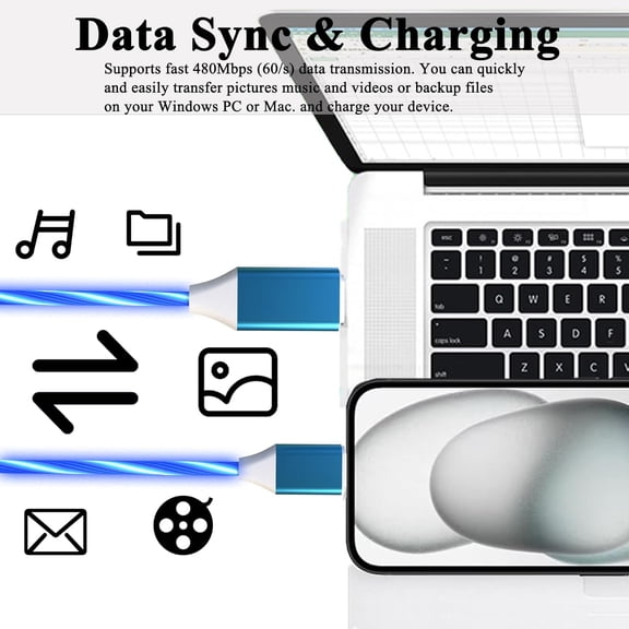 RIHJIN-USB C to USB C Cable 3A Light Up C to C Cable LED Type C to Type C Fast Charging Cord for Samsung Galaxy S23 S22 S21 S20 Ultra, i-Phone 15 Pro Max Plus, iPad mini Pro Air(6.6FT,Blue)