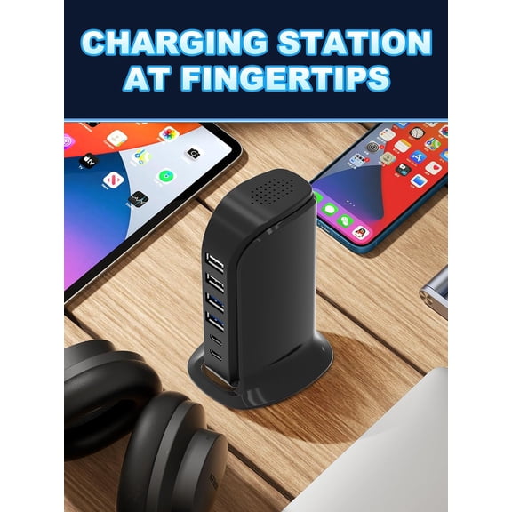 RIHJIN-USB Charger, Charging Station for Multiple Devices 45W, Fast Charging Blocks with Dual Type C Ports, 4 USB Charging Hub Organizer Multiport for iPhone, Ipad, Smartphones, Travel Accessories