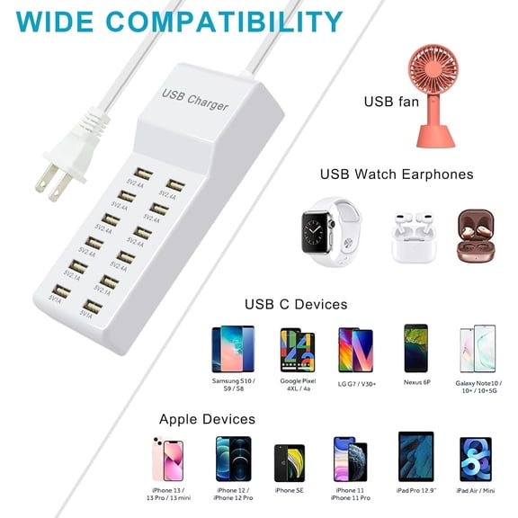 RIHJIN-USB Charging Station with 12 Port Power Strip Fast Charging hub for Multiple Devices Compatible with Cell Phones Tablets Laptops (12 USB Ports)