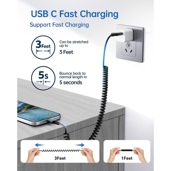 RIHJIN-USBC to USBC Cable for Car, 3FT Coiled USB Type C Charge Cable Fast Charging, 2Pack Short USB-C Cable Compatible with iPhone 17/16/15/Samsung Galaxy S20 S10 S9 Plus Note 10 9 8 and More USB C