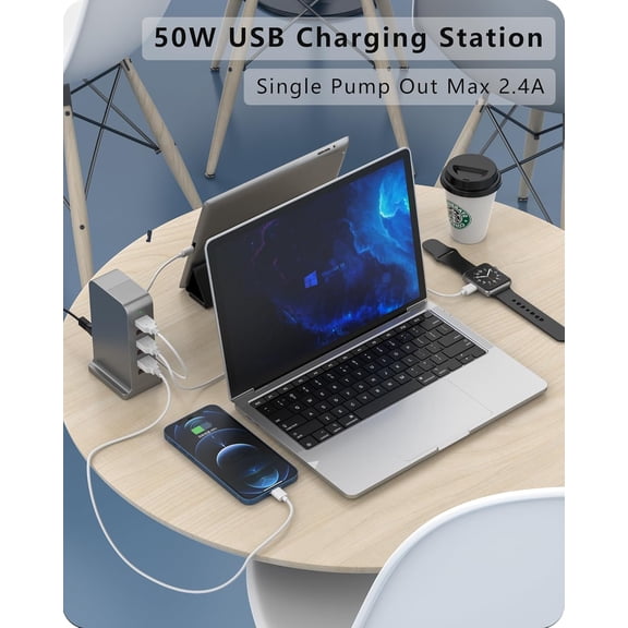 RIHJIN-VPSUN USB Charger 6 Port 50W Multi USB Tower Charging Station for Multiple Devices iPhone 15/14/14 Pro/14 Pro Max/13 Pro/13 Pro Max/Android/Samsung/Tablet,etc (Gray, 50W)