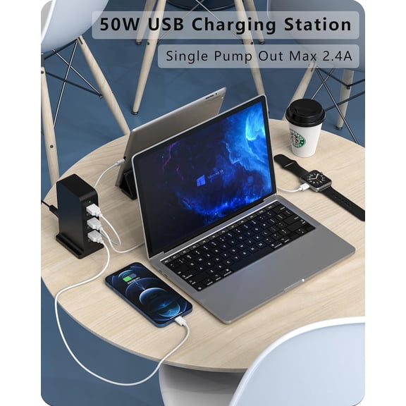 RIHJIN-VPSUN USB Charger 6 Port 50W Multi USB Tower Charging Station for Multiple Devices iPhone 15/14/14 Pro/14 Pro Max/13 Pro/13 Pro Max/Android/Samsung/Tablet,etc (Black, 50W)