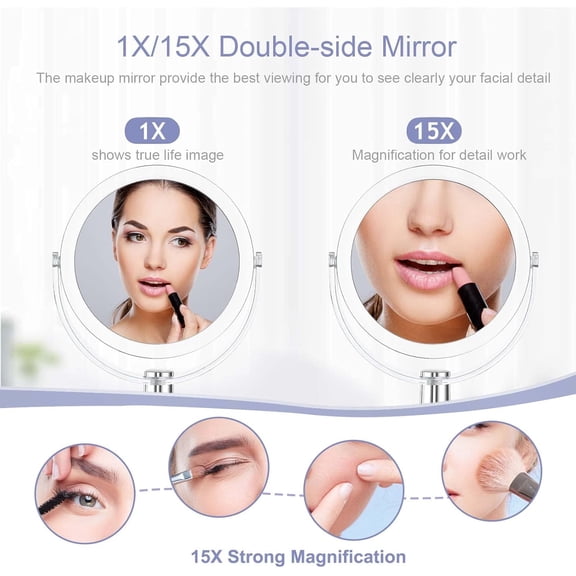 RIHJIN-Vanity Makeup Mirror with Stand, 1X/15X Magnification Double Sided 360 Degree Swivel, Portable Table Desk Counter top Magnifying Mirror, Tabletop Mirror for Bedroom or Dorm Room, 6.25 Inch