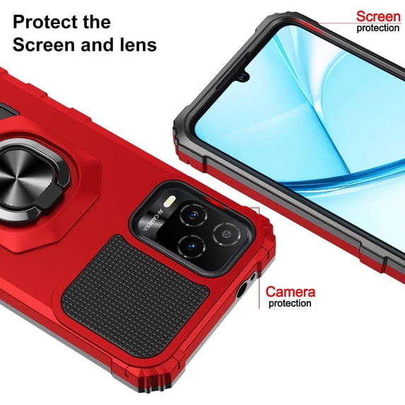 RIHJIN-for BLU View 5 Pro Phone Case with Tempered Glass Screen Protector,Dual Layer Shockproof Protection Case,with Ring Kickstand (Red)