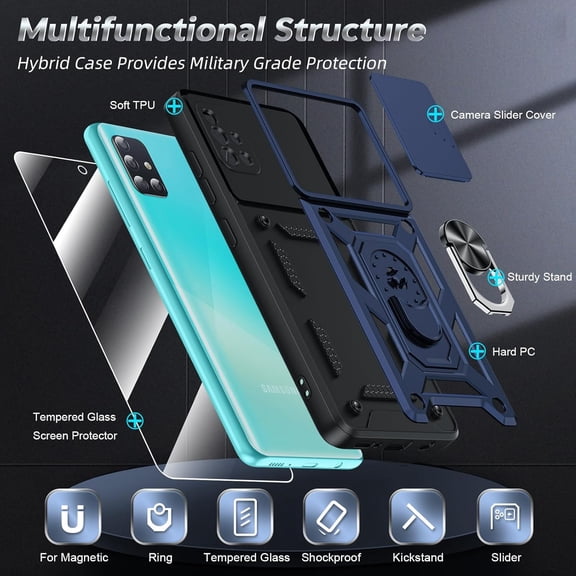 RIHJIN-for Galaxy A51-Phone Case 4G: Samsung A51 Phone Case with Slide Camera Cover + Glass Screen Protector, Heavy Duty Cell Android Cover with Metal Magnetic Ring Kickstand for Samsung A51 4G, Blue