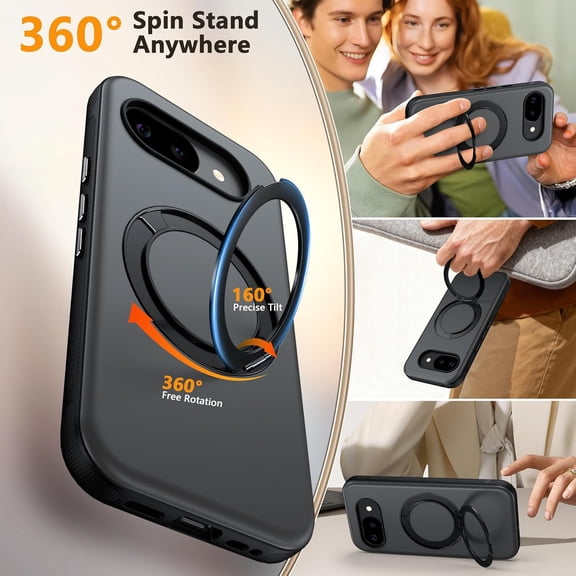 RIHJIN-for Google Pixel 10a Case with 360Spin Magnetic Stand [Fit for MagSafe] [Non-Slip] [15FT-Shockproof] Slim Protective Case for Pixel 10a Men/Women, Slate Black