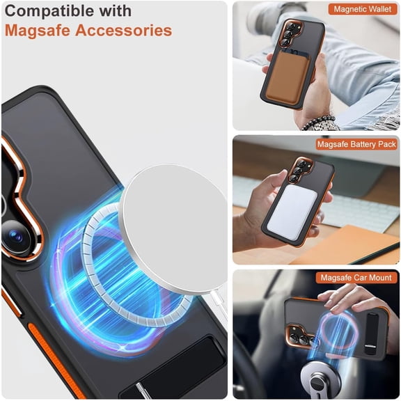 RIHJIN-for Samsung Galaxy S23 Case with Stand, Compatible with Magsafe, Strong Magnetic Phone Case for Galaxy S23, Mil-Grade Protection for Non-Slip Matte Translucent Cover (Black/Orange)