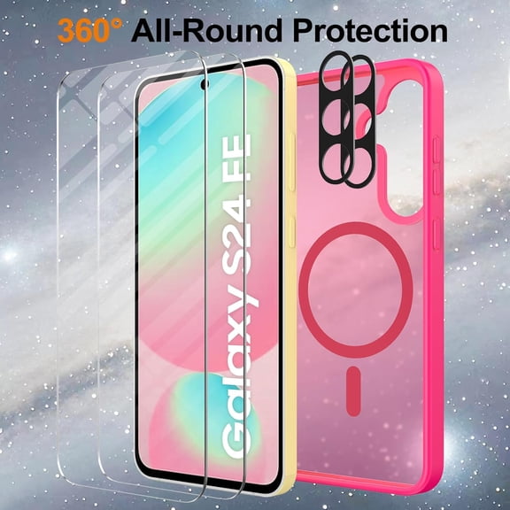 RIHJIN-for Samsung Galaxy S24 FE Case Magnetic Shockproof, [Fit for MagSafe] [Glass Screen Protector + Camera Lens Protector] Translucent Anti-Fingerprint Case for Samsung Galaxy S24 FE (Hot Pink)