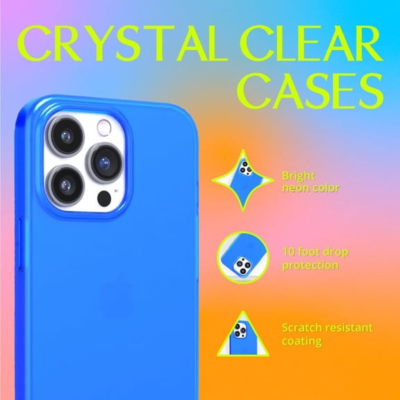 RIHJIN-for iPhone 14 Pro - Neon Blue Clear TPU Protective and Polycarbonate Shock-Absorbing Bright Cover - Crack Proof with a Gloss Finish - Full iPhone Protection