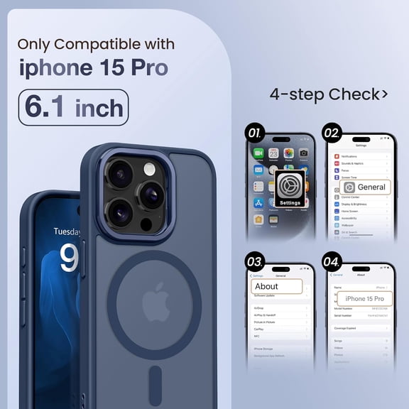RIHJIN-for iPhone 15 Pro Case, Compatible with Magsafe, Built-in Invisible Stand, Military-Grade Protection, Anti-Scratch Translucent Matte Hard Back Shockproof Protective Phone Case, Navy Blue