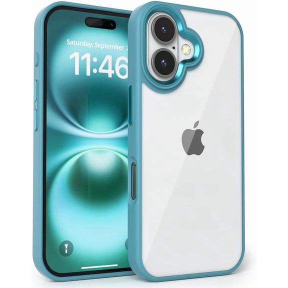 RIHJIN-for iPhone 16 Case Clear Teal, Slim Shockproof TPU Plastic Border w Hard Protective Transparent Non Yellowing Back Cover and 4 Corner Internal Bumper Phone Case for iPhone 16 - Clear Green