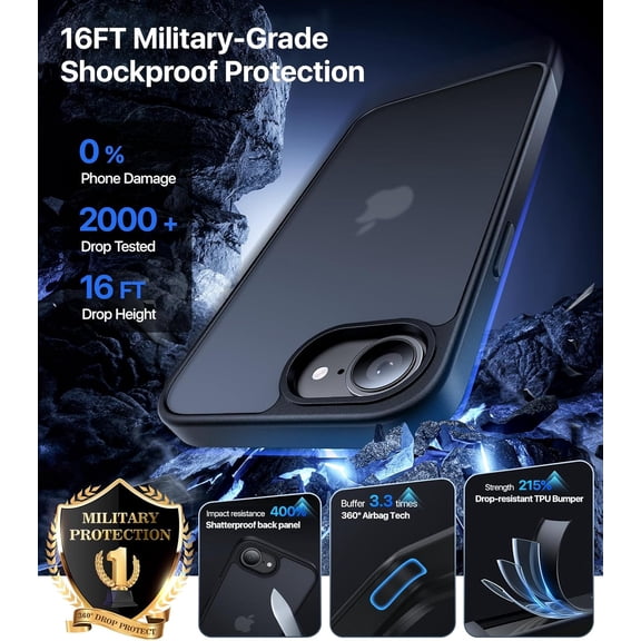RIHJIN-for iPhone 16e & iPhone 17e Case [16FT Military Grade Shockproof], Anti-Slip Anti-Scratch, Slim Translucent Frosted Matte Phone Cover, Case for iPhone 17 e/16 e 6.1", Black