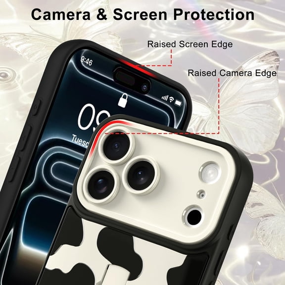 RIHJIN-for iPhone 17 Pro Case with Finger Strap Holder, Cute Cool Cow Print Pattern Design for Women Men, Shockproof Anti Scratch Hand Kickstand Protective Cover, White