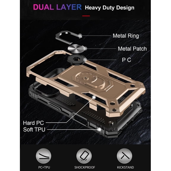 RIHJIN-for iPhone 17 Pro Max Case 6.9 Inch with Screen Protector,Military Grade Shockproof Heavy Duty Protective Phone Cover Pass 16ft Drop Test with Magnetic Kickstand Car Mount Holder,Gold