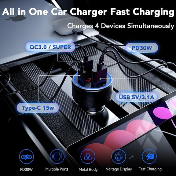 RIHJIN-iPhone 17 Car Charger USB C Fast Charge Cable, 78W 4 Port Metal Car Phone Charger Adapter with Voltmeter PD 30W & QC3.0 Cigarette Lighter USB Adapter for iPhone 17/16/15, Galaxy, iPad, Android