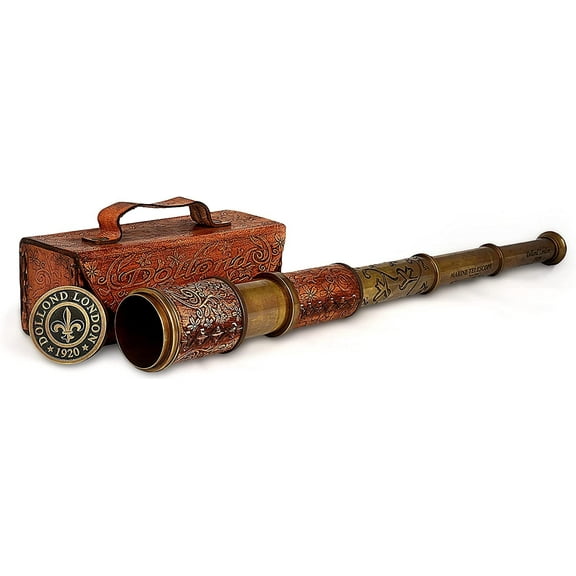 RII 12x Telescope, Dolland London Functional Vintage Handcrafted Collapsible Pirate Spyglass with Imprinted Leather Case, Gifting Spyglass for Kids Adventure Enthusiasts, Collectible 17.5"