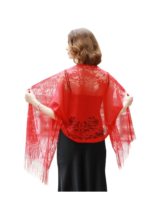 Womens Floral Lace Scarf Pashmina Scarves for Women Shawls and Wraps for Evening Dresses Red