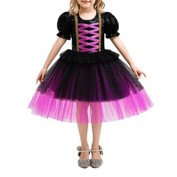 RIJOPUTY Black Fairy Dress Girls Tied Black Dress Long Sleeve Gothic Bubble Sleeves Lace Chiffon Skirt Halloween Style Clothes Exercise Clothes Gifts For 8 Year Old Girls