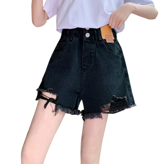 RIJOPUTY Gym Shorts Girls Soccer Shorts Black Ruffle Shorts Lined Jeans White Workout Shorts 18 Month Clothes Girl Girls Jean Shorts Size 10-12, Black 10-11 Years