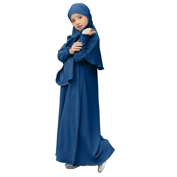 RIJOPUTY Kids Prayer Dress Muslim Clothes for Girls Long Sleeve Abaya Maxi Islamic Kaftan Jilbab Loose Long Robe (without Head Scarf )