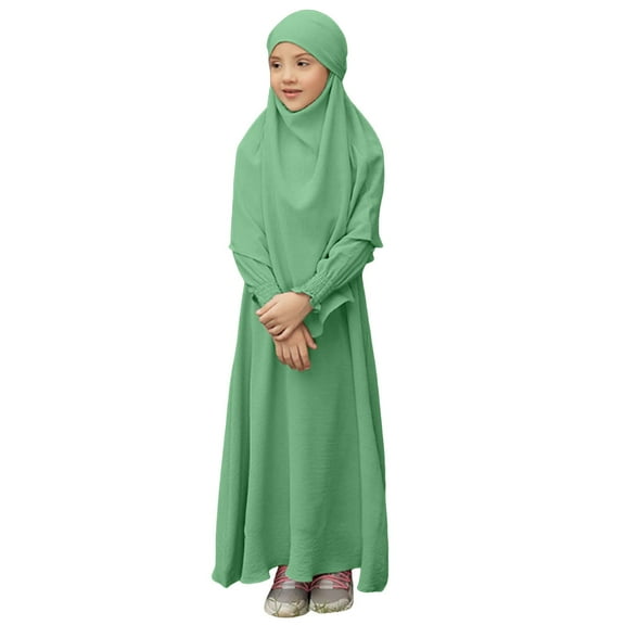 RIJOPUTY Muslim Dress for Girls Long Sleeve Turtleneck One-Piece Islamic Prayer Dress Hijab for Kids Girls Abaya Islamic Gifts Daily Casual Solid Elegant Dress