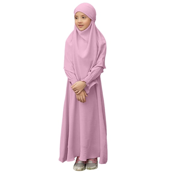 RIJOPUTY Muslim Dress for Girls Long Sleeve Turtleneck One-Piece Islamic Prayer Dress Hijab for Kids Girls Abaya Islamic Gifts Daily Casual Solid Elegant Dress