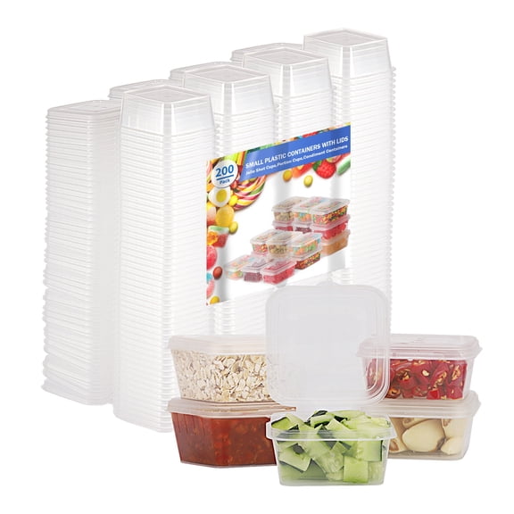 RIKICACA Leak Resistant Disposable Plastic Containers with Lids, 3 oz, Clear, 200 Count, Square Condiment Containers, Portion Cups, Jello Shot Souffle Sauce Cups