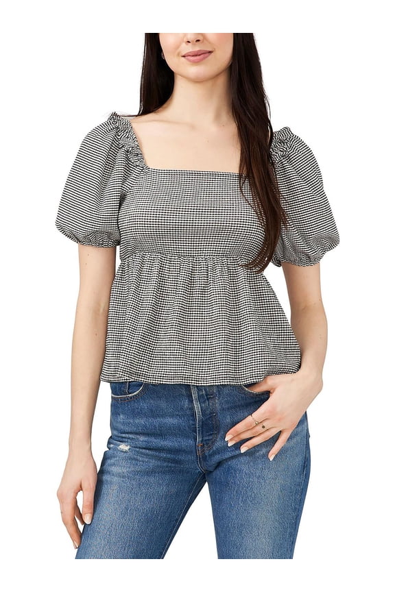 RILEY&RAE Womens Black Ruffled Gingham Pouf Sleeve Square Neck Peplum Top L